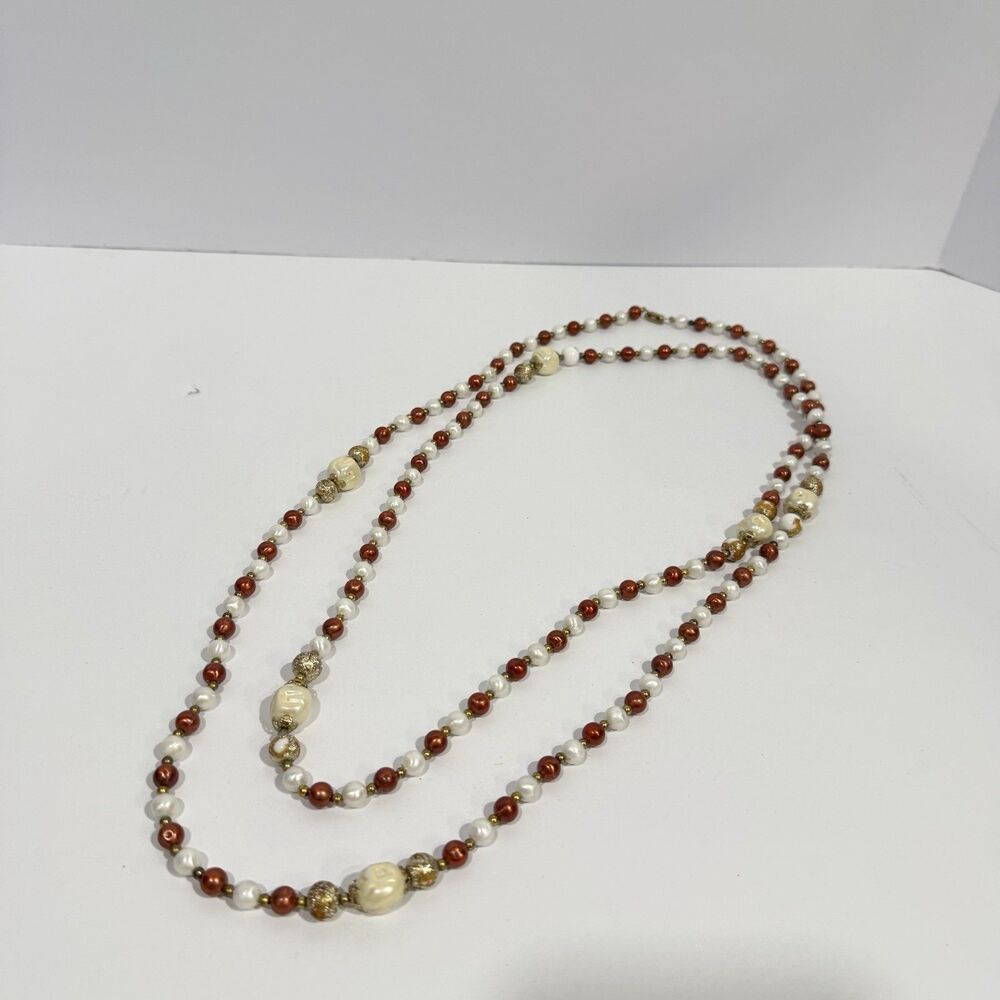 Vintage CORO Signed Faux Pearl Beaded Long Layering Necklace Cream Brown Gold - Picture 13 of 16